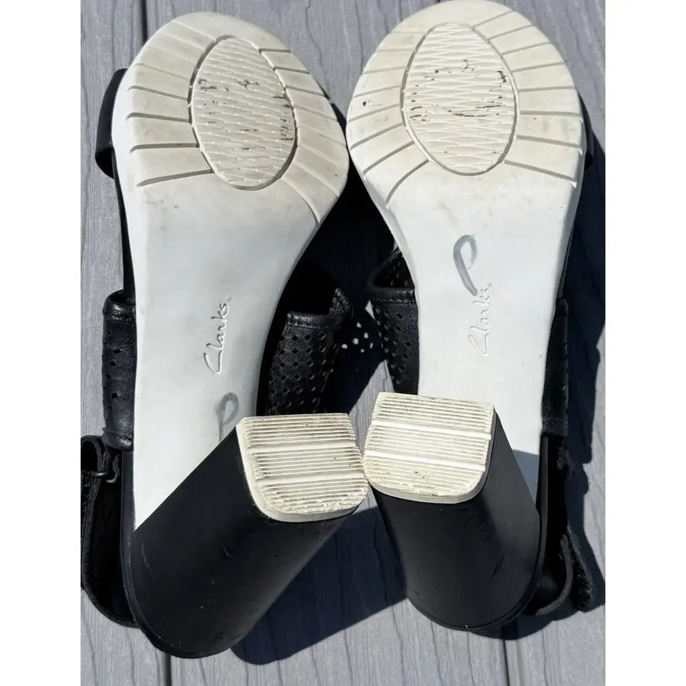 Clarks Pastina Malory Sling Back Leather Block Heel Black Size 8.5M Vacation GUC